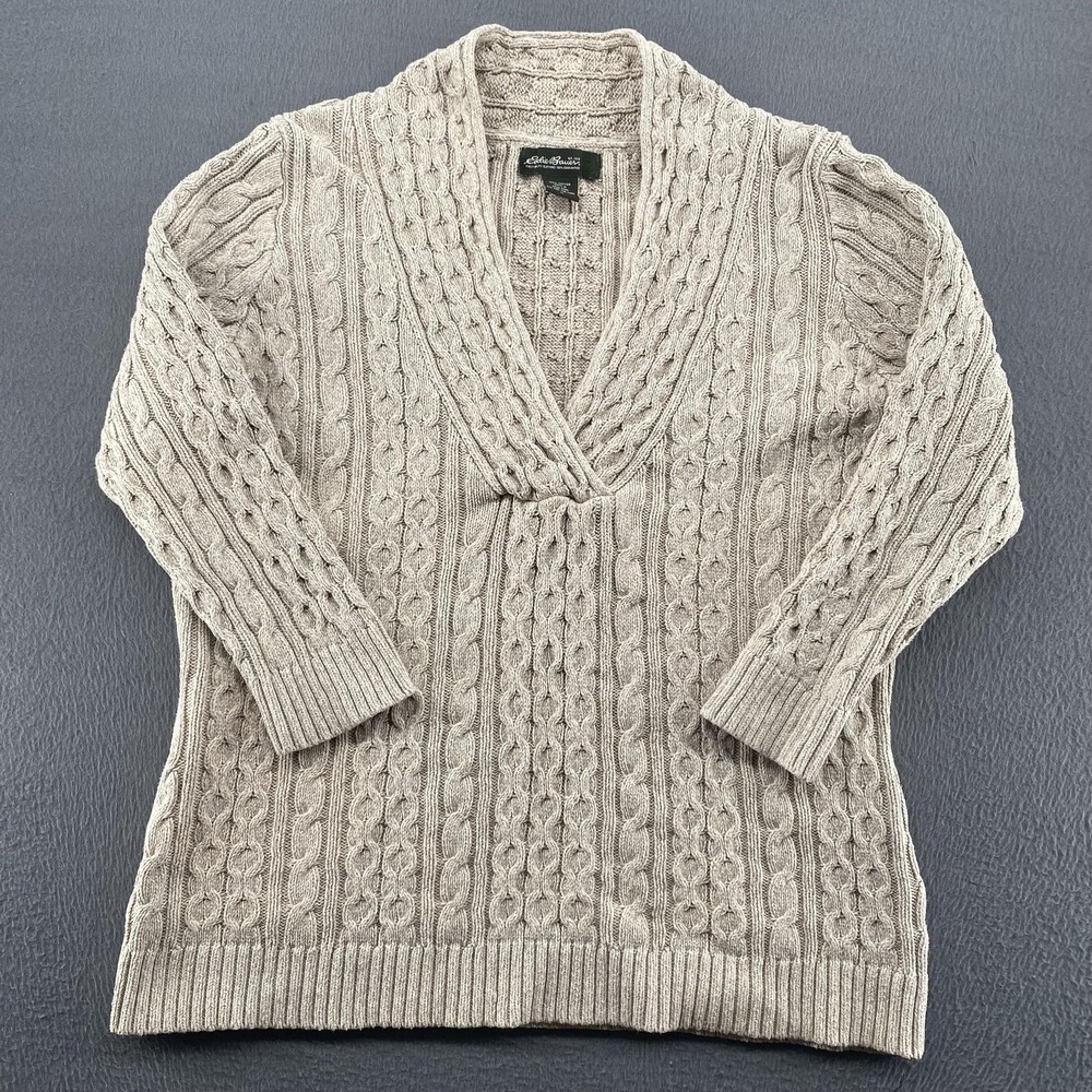 Vintage Eddie Bauer Sweater Womens Medium Beige Cable Knit V Neck Tunic Pullover